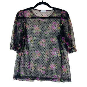 Tiny Willow Sheer Mesh Y2K Polka Dot Floral Puff Sleeve Top L/XL Dark Romantic